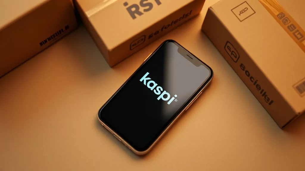 Kaspi приложение на экране смартфона с интернациональными логистическими символами