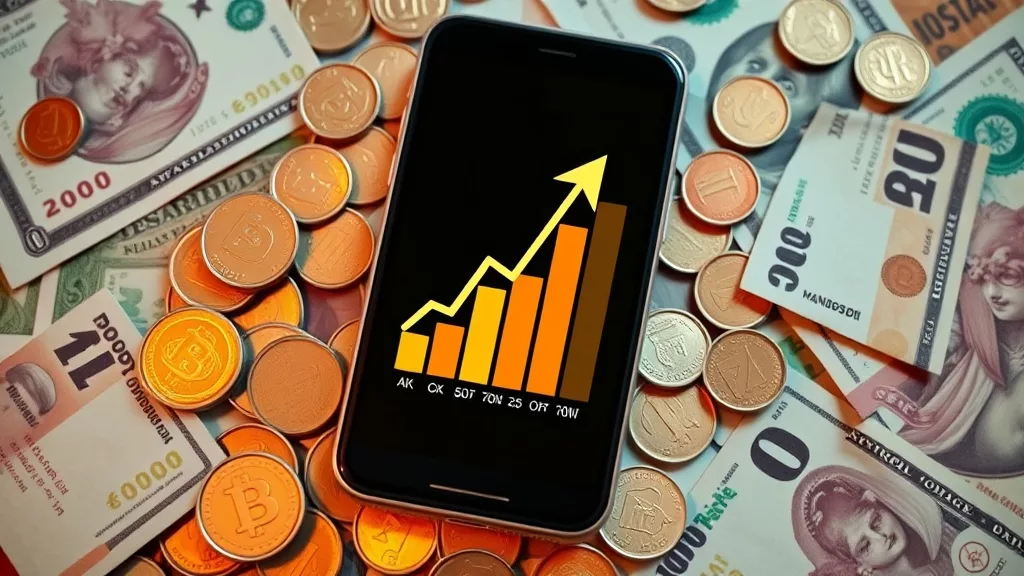 Смартфон с графиком роста продаж и деньги вокруг