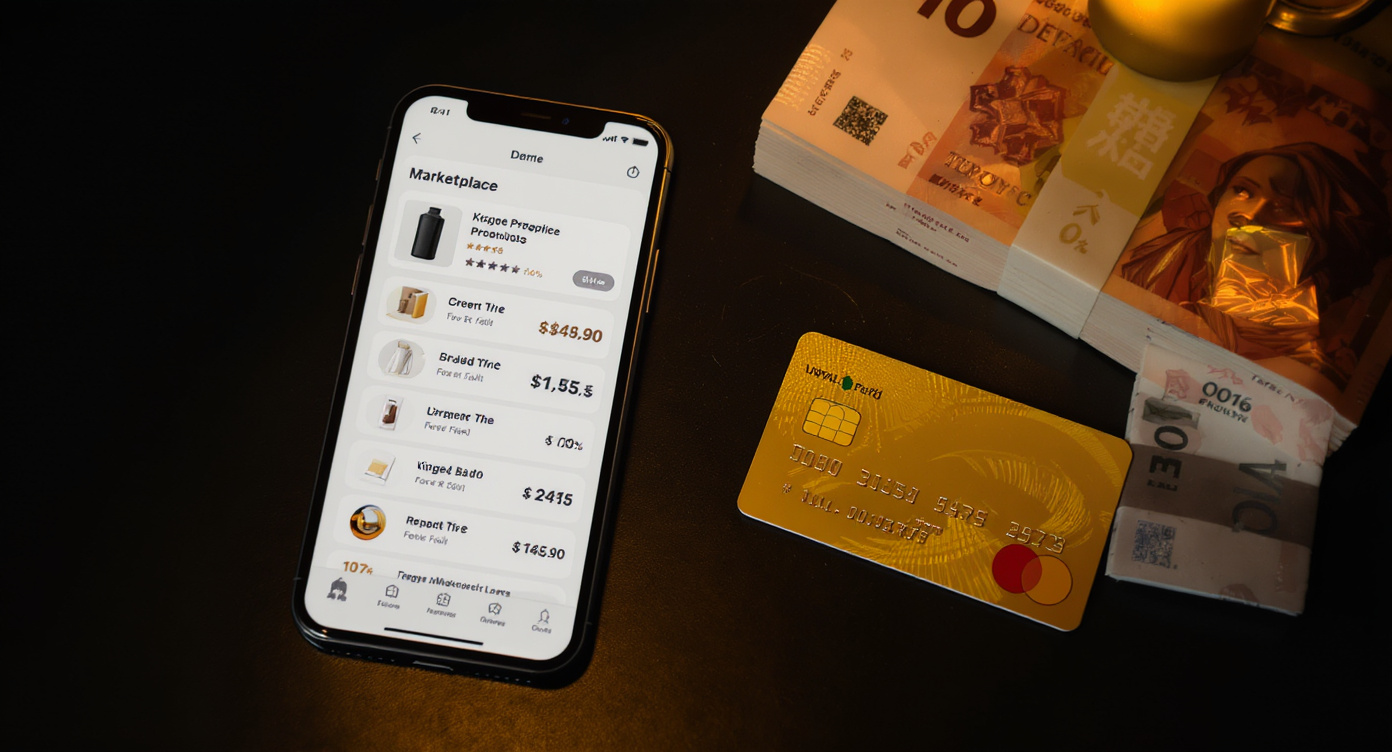 Смартфон с приложением Kaspi маркетплейса и казахстанские тенге на столе