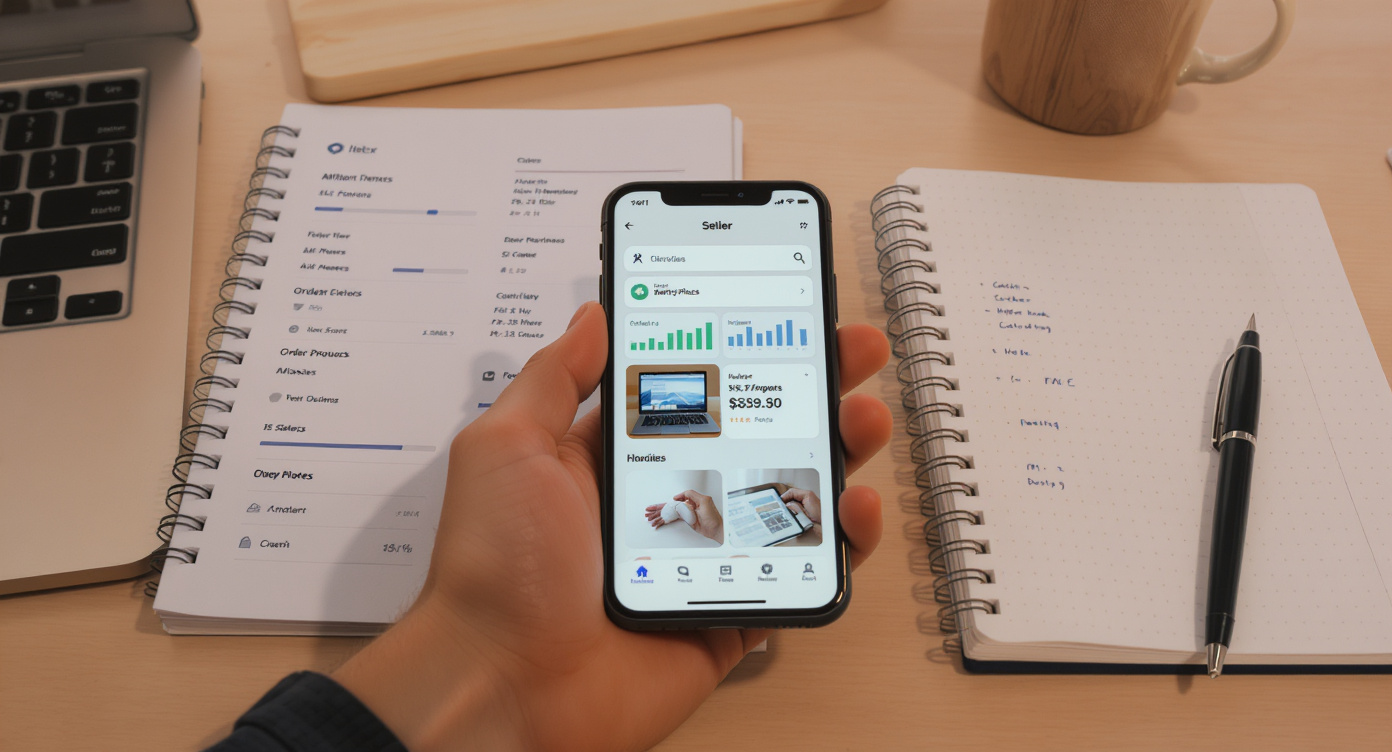 Рабочее место продавца маркетплейса: смартфон с приложением Wildberries, аналитика возвратов