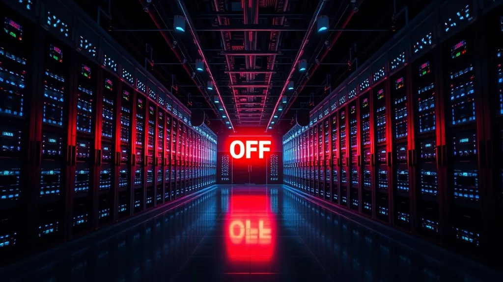 Дата-центр ИИ с красной кнопкой OFF — отключение Claude Fable 5