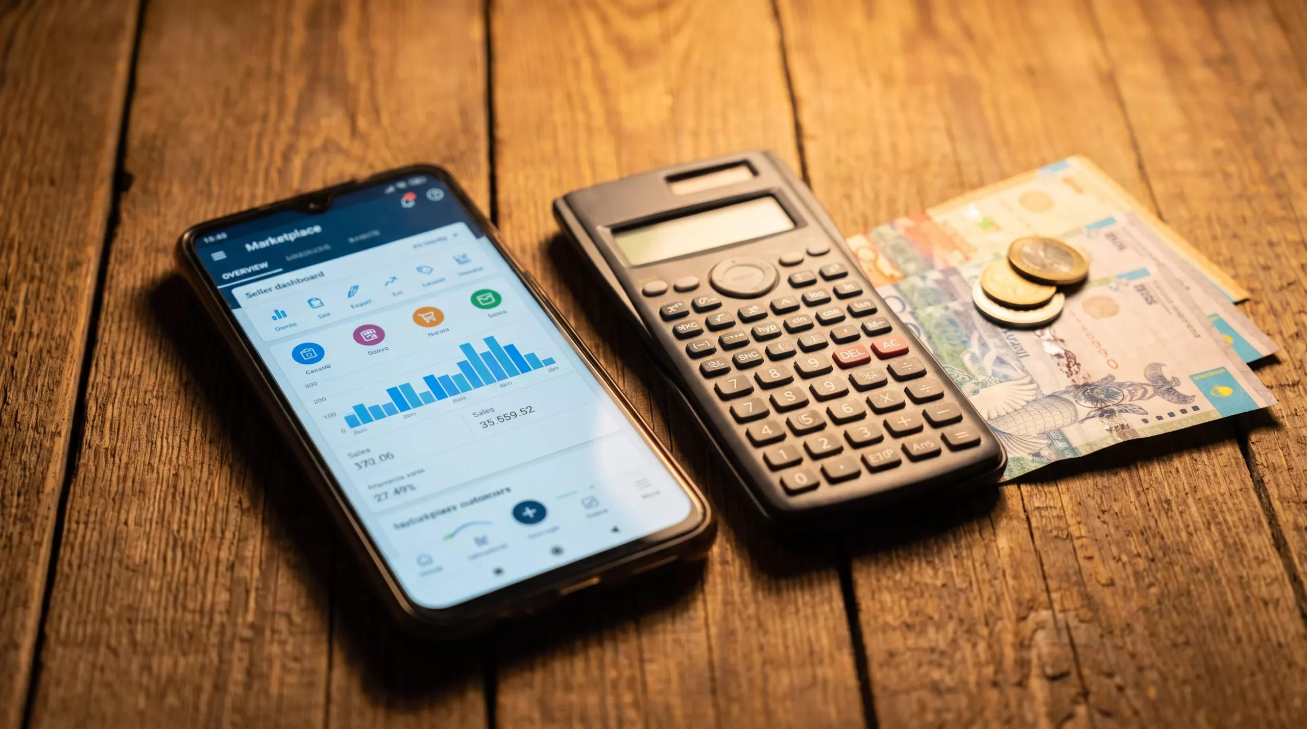 Калькулятор и смартфон с личным кабинетом продавца после введения НДС на посылки Казахстан