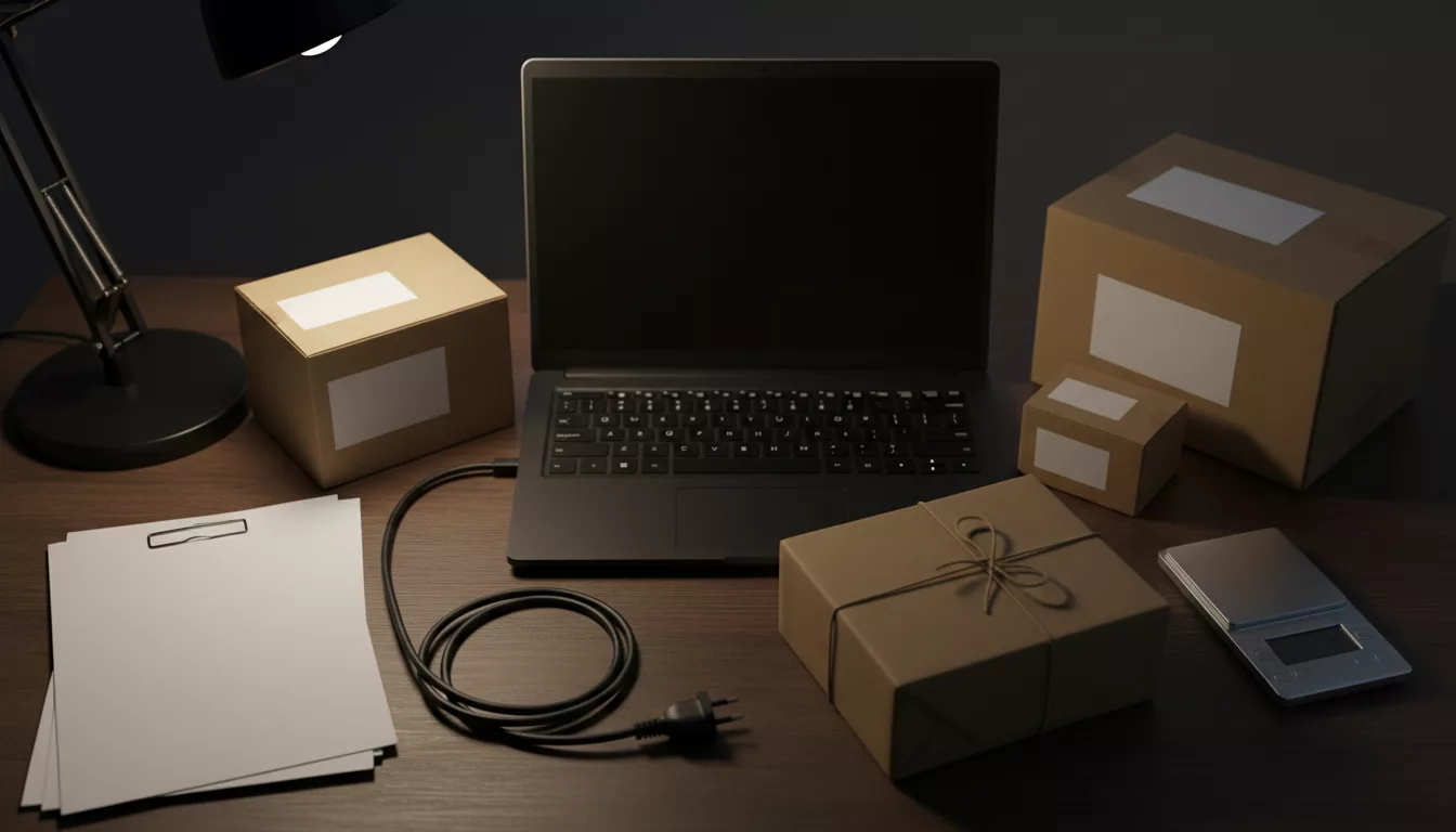 Тёмный стол с выключенным ноутбуком, коробками и посылкой без надписей