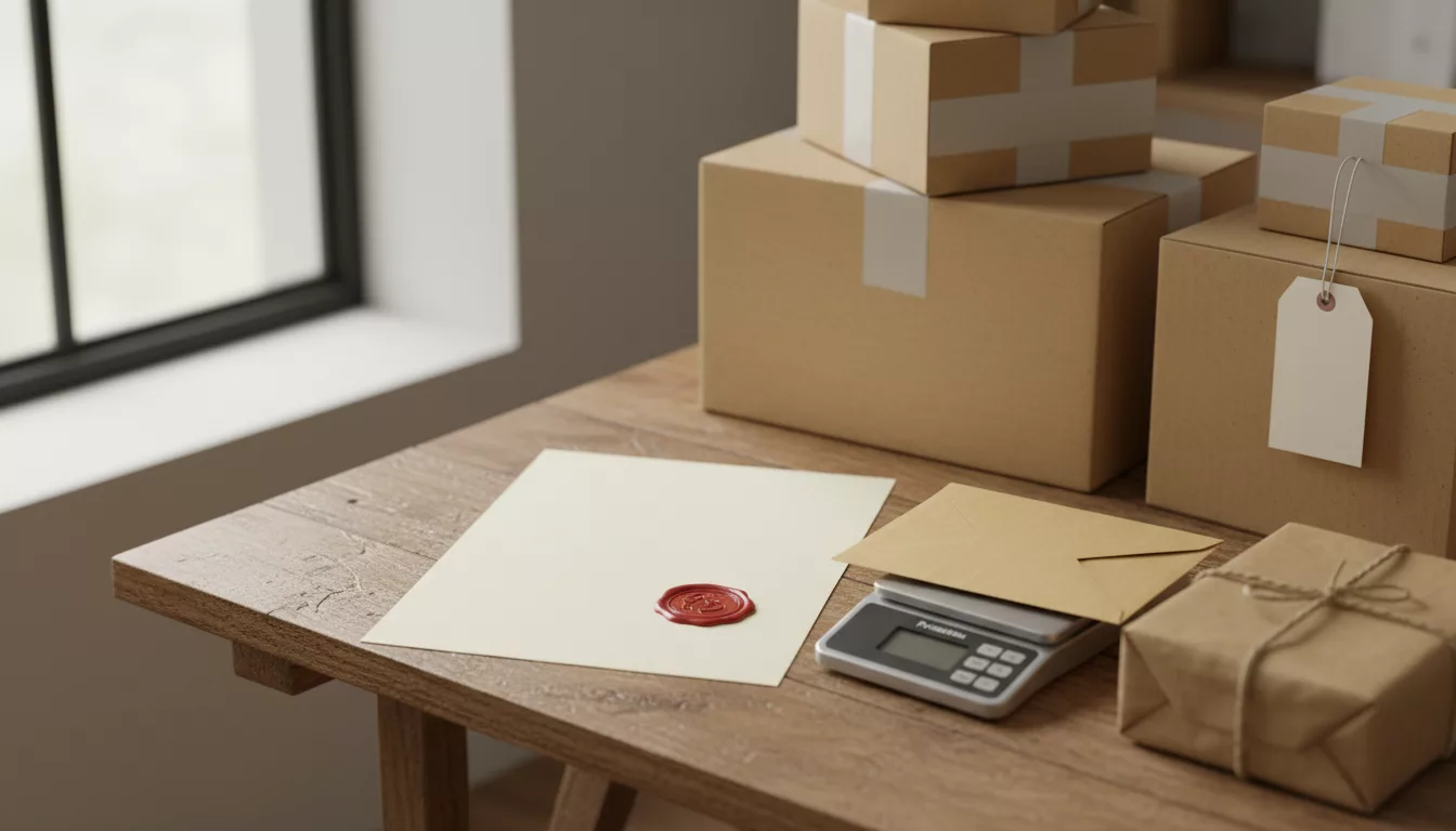 Коробки, посылка, весы и сертификат с печатью на складском столе