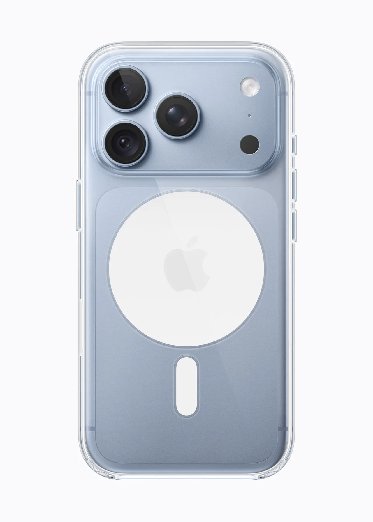 Голубой iPhone 18 Pro в прозрачном чехле с кольцом MagSafe
