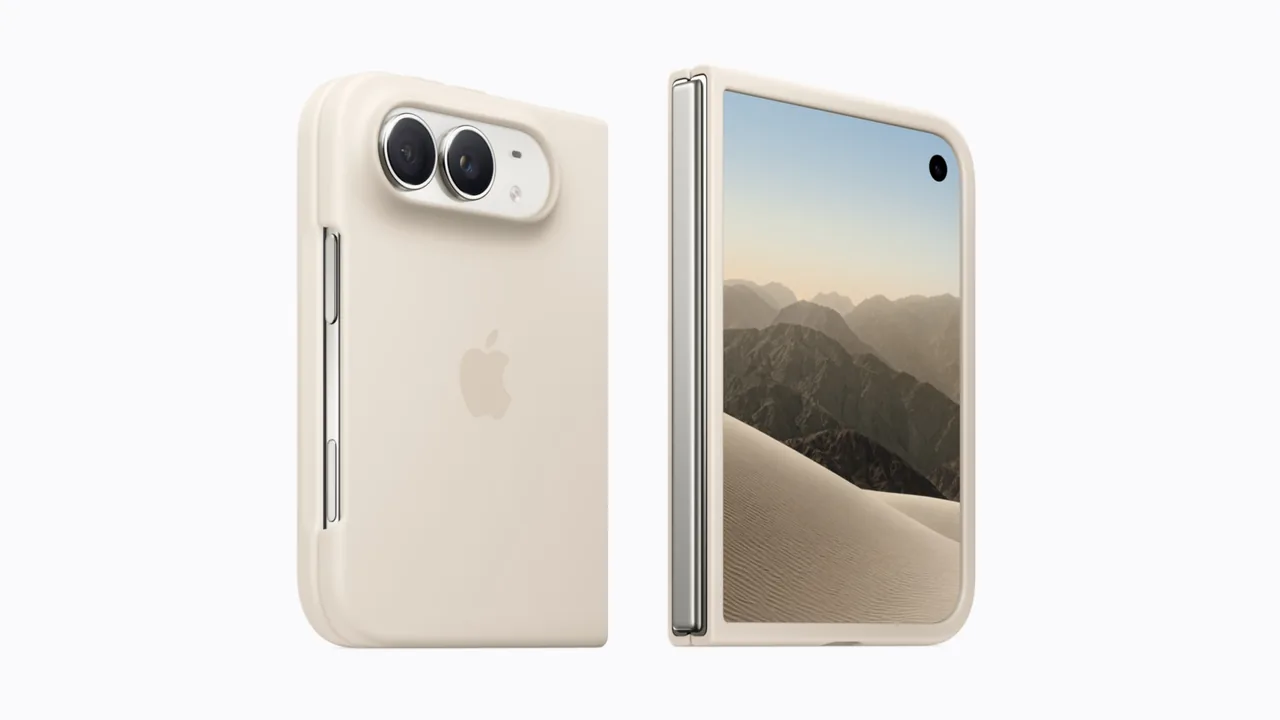 iPhone Duo в фирменном чехле песочного цвета спереди и сзади